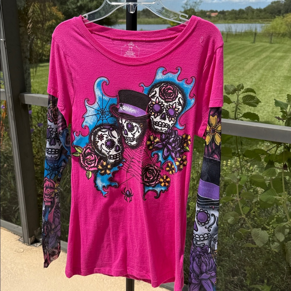 Adult halloween sz small (3-5) skull pink sheer Tattoo long Sleeve t Shirt nwot